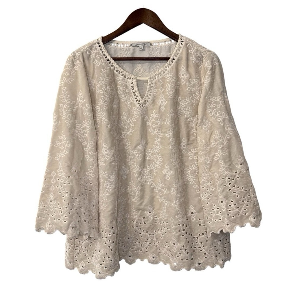 John Mark velvet embroidered eyelet blouse womens large neutral art boho cottage